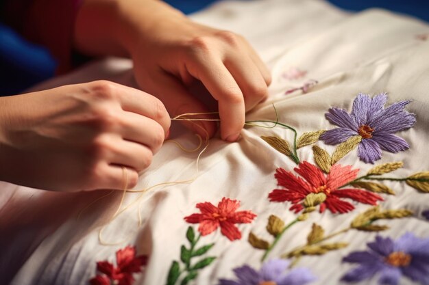 Ręce haftujące motyw floralny